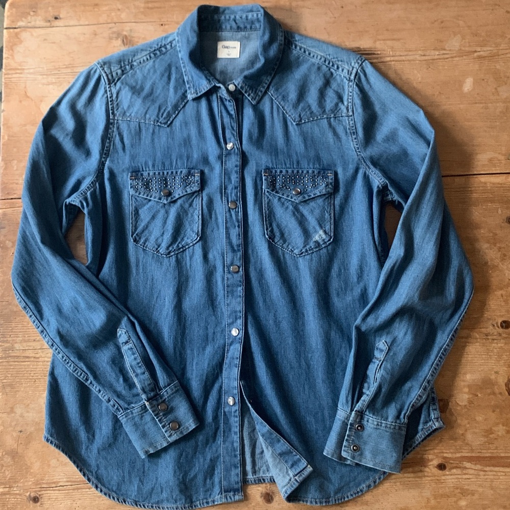 GAP Blue Denim Button-Down Shirt with Studded Pockets